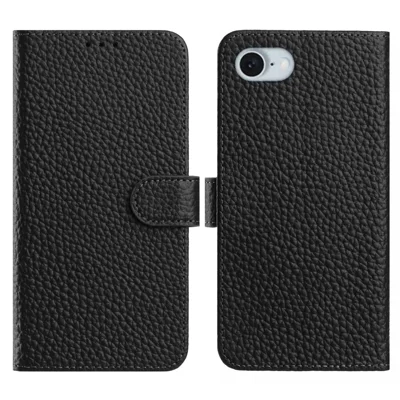Voor iPhone 16e Hoesje Portemonnee Stand Litchi Structuur Echt Rundleder Flip Hoes - Zwart