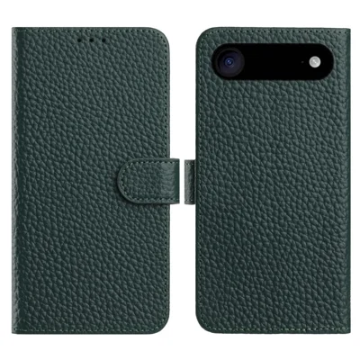 For iPhone Air Case Wallet Stand Litchi Texture Genuine Cow Leather Flip Phone Cover - Green