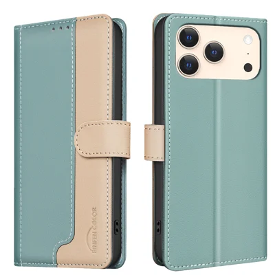 For iPhone 17 Pro Leather Case BINFEN COLOR Splicing Color RFID Blocking Wallet Stand Telefoonhoes - Groen