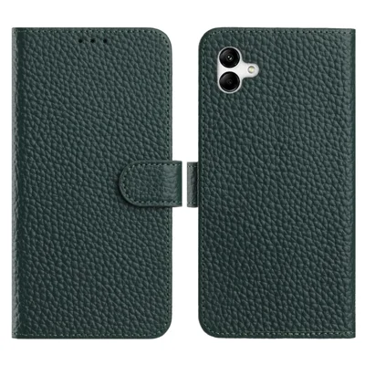 Flip Phone Case For Samsung Galaxy A05 4G  /  M05 4G  /  F05 Wallet Stand Litchi Texture Genuine Cow Leather Cover - Green