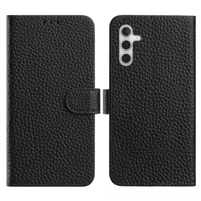 For Samsung Galaxy A16 5G  /  4G Case Wallet Stand Litchi Texture Genuine Cow Leather Flip Phone Cover - Black