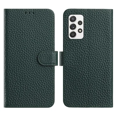 For Samsung Galaxy A53 5G Case Wallet Stand Litchi Texture Genuine Cow Leather Flip Phone Cover - Green
