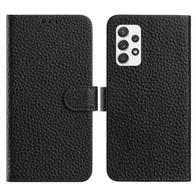 For Samsung Galaxy A53 5G Case Wallet Stand Litchi Texture Genuine Cow Leather Flip Phone Cover - Black