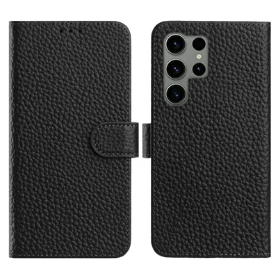 Voor Samsung Galaxy S23 Ultra Hoesje Portemonnee Stand Litchi Structuur Echt Rundleder Flip Hoes - Zwart