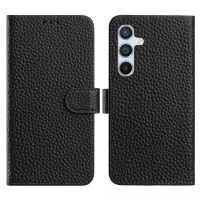 For Samsung Galaxy S24 Case Wallet Stand Litchi Texture Genuine Cow Leather Flip Phone Cover - Black