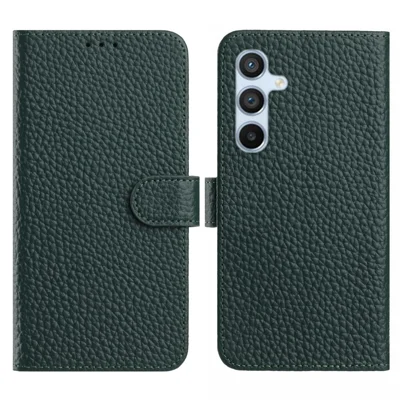 For Samsung Galaxy S25 FE Case Wallet Stand Litchi Texture Genuine Cow Leather Flip Phone Cover - Green
