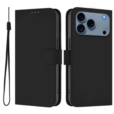 Voor iPhone 17 Pro hoesje effen kleur portemonnee lederen telefoonhoes met draagkoord - Zwart