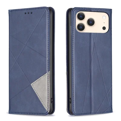 For iPhone 18 Pro Max / 17 Pro Max Case Card Slots Geometry Imprint Leather Phone Cover - Blue