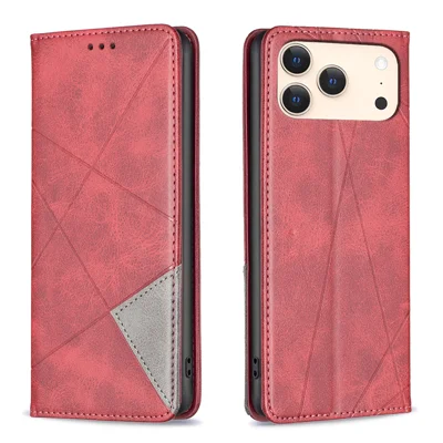Voor iPhone 17 Pro hoesje met kaartslots Geometrie imprint Lederen telefoonhoes - Rood
