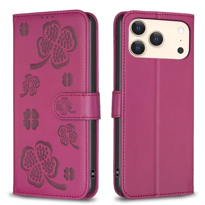 For iPhone 17 Pro Max-hoesje met klaverpatroon, portemonnee, standaard, lederen telefoonhoes - Roze
