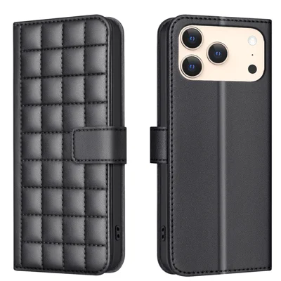 For iPhone 17 Pro Max Leather Case BINFEN COLOR Square Grid Wallet Stand Telefoonhoes - Zwart
