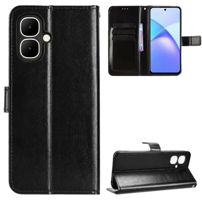 For TECNO Pop 10 / Infinix Smart 10 PU Leather Case with Strap Crazy Horse Texture Phone Wallet Cover - Black