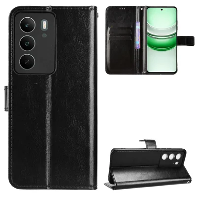 For Realme C71 4G PU Leather Case with Strap Crazy Horse Texture Phone Wallet Cover - Black