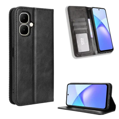 For TECNO Pop 10 / Infinix Smart 10 Leather Case Wallet Stand Retro Texture Phone Cover - Black