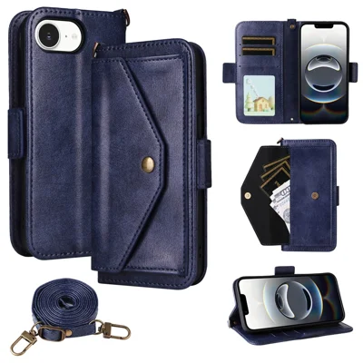 For iPhone 17e / 16e Leather Case Magnetic Closure Wallet Stand Phone Cover with Crossbody Strap - Blue