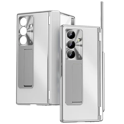 For Samsung Galaxy Z Fold7 5G Case Kickstand Dual Hinge Aluminum Alloy Phone Cover with Tempered Glass Front Film / Stylus - Silver