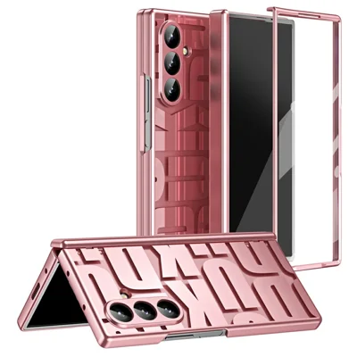 غطاء هاتف من مادة البولي كربونات مطلي لهاتف Samsung Galaxy Z Fold7 5G مع فيلم شاشة من الزجاج المقوى - ذهبي وردي