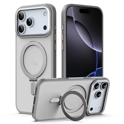 For iPhone 17 Pro Case TPU + Acrylic Hidden Magnetic Kickstand Phone Cover - Grey