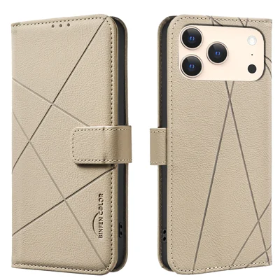 BINFEN COLOR For iPhone 18 Pro / 17 Pro Case  BF35 Geometry Imprinted Leather Phone Cover RFID Blocking Wallet Stand - Beige