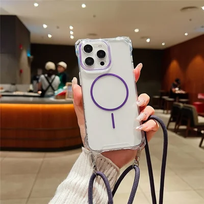 For iPhone 14 Pro Max Magnetic Case with Lanyard Drop-Proof TPU + PC Phone Back Cover - Purple