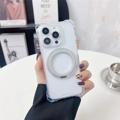 For iPhone 16 Pro Max Magnetic Case Ring Kickstand TPU + PC Phone Cover - Transparent
