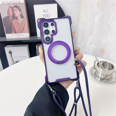 For Samsung Galaxy S24 Ultra Magnetic Case Ring Kickstand TPU + PC Phone Cover with Lanyard - Purple