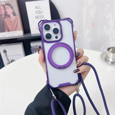 For iPhone 15 Pro Magnetic Case Ring Kickstand TPU + PC Phone Cover with Lanyard - Purple
