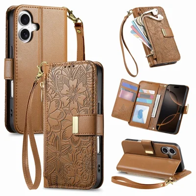 For iPhone 16 Case Floral Leaf Pattern Multi Card Slots Zipper Leather Phone Cover with Wrist Strap - Brown