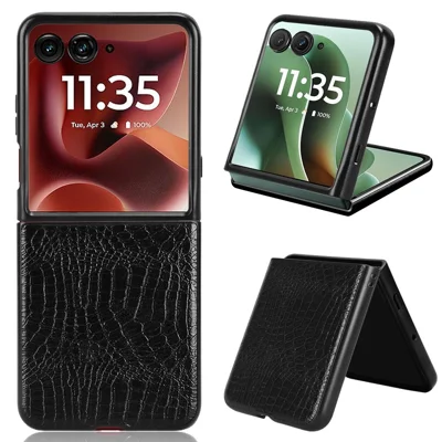 For Motorola Razr 60 Ultra 5G Case Crocodile Texture Leather Coated Hard PC Phone Cover - Black