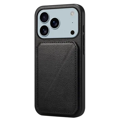 For iPhone 17 Pro Max Case Card Holder Kickstand Calf Textured Leather + PC + TPU Phone Cover - Black