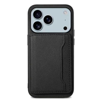 Hoesje voor iPhone 17 Pro Max met kaartslots, standaard, kalfsstructuur lederen telefoonhoesje - Zwart