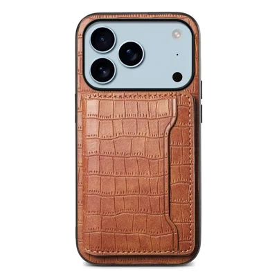 Voor iPhone 17 Pro hoesje met kaarthouder en standaard Bruin lederen achterkant met krokodillenstructuur