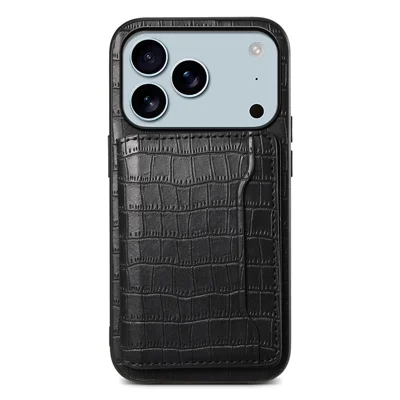 Voor iPhone 17 Pro Max hoesje met kaarthouder en standaard, lederen achterkant met krokodillenstructuur - Zwart