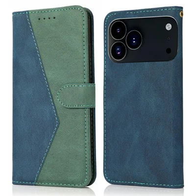 For iPhone 18 Pro / 17  Pro Case Color Splicing Wallet Stand Leather Phone Cover with Wrist Strap - Blue / Green