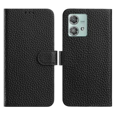 For Motorola Edge 40 Neo 5G Case Wallet Stand Litchi Texture Genuine Cow Leather Flip Phone Cover - Black