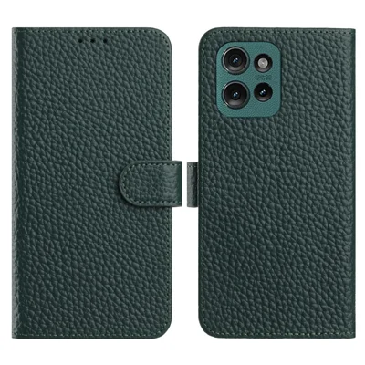 For Motorola Edge 50 5G Case Wallet Stand Litchi Texture Genuine Cow Leather Flip Phone Cover - Green