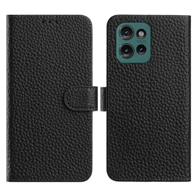 Voor Motorola Edge 50 5G Hoesje Portemonnee Stand Litchi Structuur Echt Rundleder Flip Telefoonhoesje - Zwart