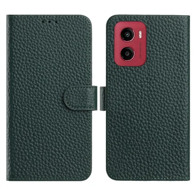 For Motorola Moto E15 4G  /  G05 4G Case Wallet Stand Litchi Texture Genuine Cow Leather Flip Phone Cover - Green