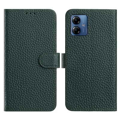 Flip Phone Case For Motorola Moto G64y 5G  /  G54 5G  /  G14 4G Wallet Stand Litchi Texture Genuine Cow Leather Cover - Green