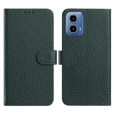 For Motorola Moto G45 5G  /  G34 5G Case Wallet Stand Litchi Texture Genuine Cow Leather Flip Phone Cover - Green