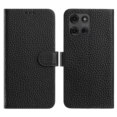 For Motorola Moto G75 5G Case Wallet Stand Litchi Texture Genuine Cow Leather Flip Phone Cover - Black