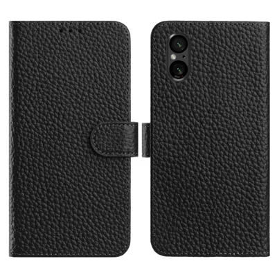 For Sony Xperia 5 V Case Wallet Stand Litchi Texture Genuine Cow Leather Flip Phone Cover - Black