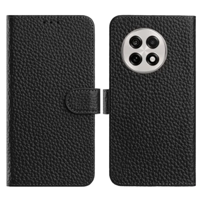 For OnePlus 13R 5G Case Wallet Stand Litchi Texture Genuine Cow Leather Flip Phone Cover - Black