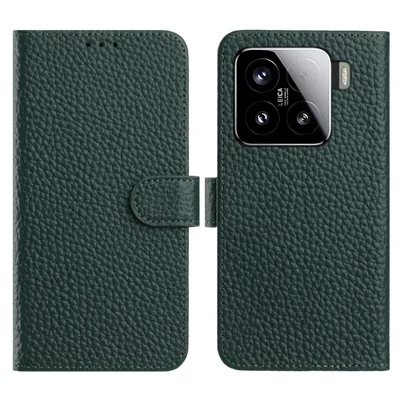 Voor Xiaomi 15 Hoesje Portemonnee Stand Litchi Structuur Echt Rundleder Flip Hoesje - Groen