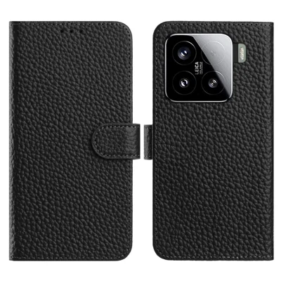 Voor Xiaomi 15 Hoesje Portemonnee Stand Litchi Structuur Echt Rundleder Flip Telefoonhoes - Zwart