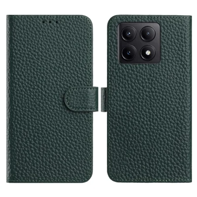 For Xiaomi 14T Case Wallet Stand Litchi Texture Genuine Cow Leather Flip Phone Cover - Green