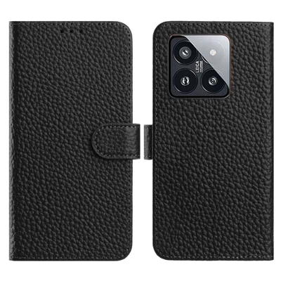 For Xiaomi 14 Pro Case Wallet Stand Litchi Texture Genuine Cow Leather Flip Phone Cover - Black