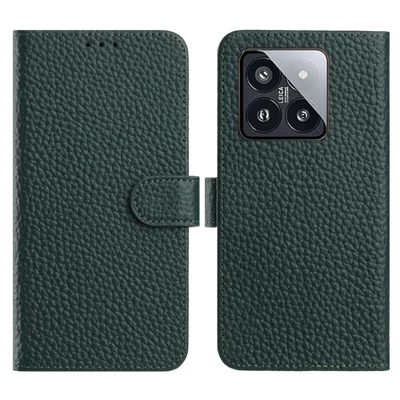 For Xiaomi 14 Case Wallet Stand Litchi Texture Genuine Cow Leather Flip Phone Cover - Green