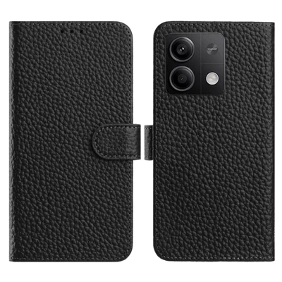 Flip Phone Case For Xiaomi Redmi Note 14S 4G  /  Note 13 Pro 4G  /  Poco M6 Pro 4G Wallet Stand Litchi Texture Genuine Cow Leather Cover - Black