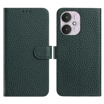 Flip Phone Case For Xiaomi Redmi 13C 5G  /  4G  /  Poco M6 5G Wallet Stand Litchi Texture Genuine Cow Leather Cover - Green